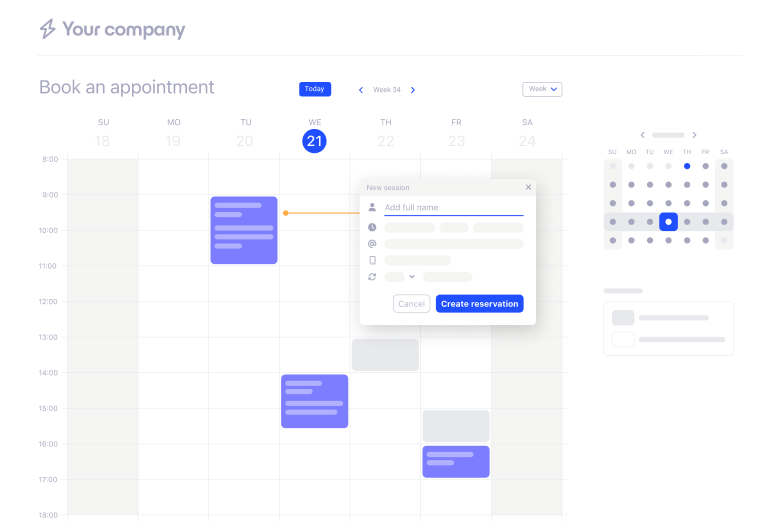Schematic example of SuperSaaS schedule with a play video button